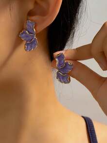 1 Pair Mori Style Maple Leaf & Flower Earrings, Fashionable Light Luxury Versatile Minimalist Colorful Petal Studs - Purple - View 1
