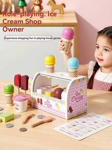 1 Set Wooden Pretend Play Ice Cream Cart Toy, Baby Cone Ice Cream & Popsicle Role Play Early Education Educational Toy Set - Multicolor - View 3