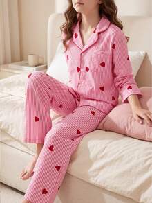 2pcs Elegant Pajama Set, Including A Pink Heart Striped Top And Pants, Suitable For Girls To Wear In Spring, Autumn And Winter. Made Of Comfortable Fabric With Lapel Button Design, Perfect For Daily Wear, Parties, Holidays, Valentine's Day And Casual Occasions. - Baby Pink - View 1