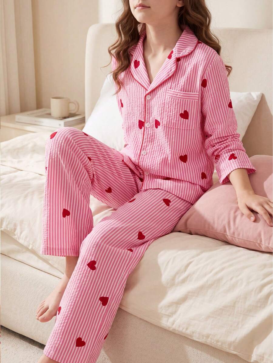 2pcs Elegant Pajama Set, Including A Pink Heart Striped Top And Pants, Suitable For Girls To Wear In Spring, Autumn And Winter. Made Of Comfortable Fabric With Lapel Button Design, Perfect For Daily Wear, Parties, Holidays, Valentine's Day And Casual Occasions. - Baby Pink - View 1