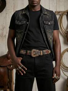 1pc Men's Western Style Frosted Carved Belt, Summer Versatile Jeans Accessory, Rock Western Style Belt With Ornate Gold Buckle, Floral Jacquard Strap With Rhinestone Studs - Multicolor - View 7