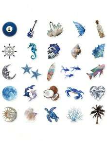 50pcs Blue Ocean Series Stickers, Creative DIY Handmade Stickers, Suitable For Laptop, Phone Case, Guitar, Water Bottle, Scrapbook, Waterproof Decorative Stickers, Perfect For Back To School Season - 50PCS - View 6