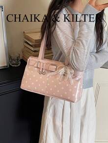 CHAIKA & KILTER 1件裝純色PU面料女款時尚肩背包腋下包HOBO包 全身波點圖案肩帶裝飾 拉鍊開合 雙手把設計 適合日常購物（附吊飾） - 粉色 - 查看 5