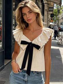 Womens Summer Blouses Casual Stylish Tie Bow Front Ruffled V Neck Sleeveless Tops - Apricot - View 1