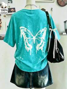 Comfortable Cotton Short Sleeve T-Shirt For Women, Casual Green Butterfly Print Round Neck Top, Medium Stretch,Outdoor,Y2K,Streetwear,Cotton Tops - Light Lake Green - View 11