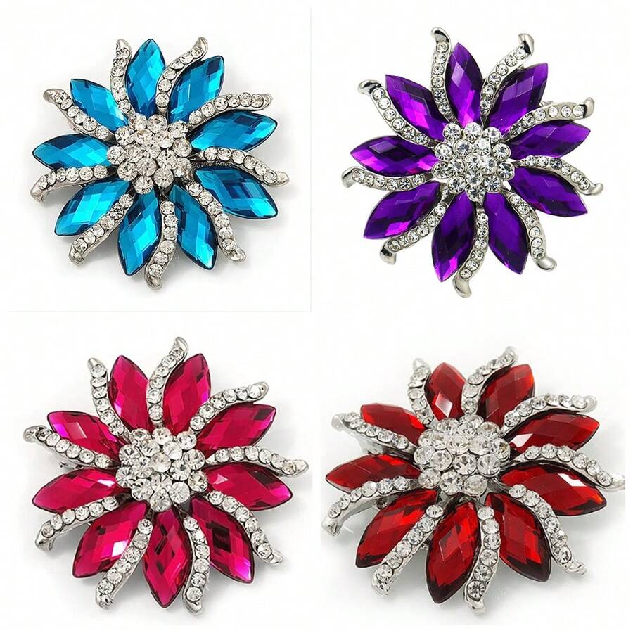 2 Inch Silver Tone Rhinestone Crystal Diamante Sunflower Brooch For Lady - Multicolor - View 1