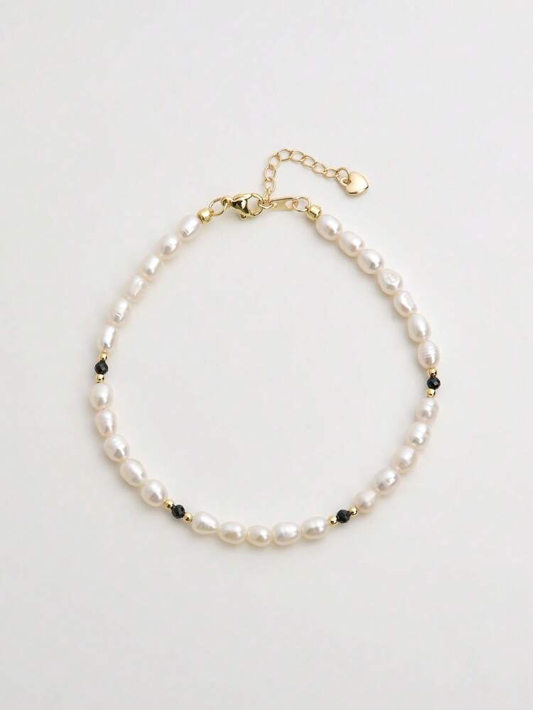 1pc 18K Gold Plated Freshwater Rice Pearl Anklet For Women, Mother's Day, Valentine's Day, Birthday, Wedding, Engagement, Bridal Gift - Black Spinel - View 5
