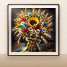 1pc 5D Full Drill Diamond Painting Kit, Sunflower Daisy Poppy Wheat Bouquet With Blue And Yellow Ribbon Pattern, 30*30cm Frameless DIY Rhinestone Embroidery Wall Decor Handmade Gift, Suitable For Beginners - round diamond - View 3