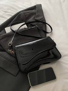 1pc Minimalist Retro Square Flap Bag, With Adjustable Shoulder Strap And Lightweight Shoulder Crossbody Bag, Solid Color Design. Perfect For Women's Daily Casual And Student Use - Black - View 4