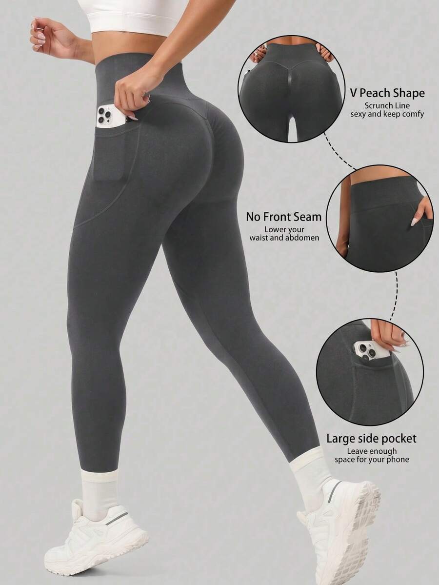 1pc Seamless Peach Hip Yoga Leggings With Side Pockets, Suitable For Spring, Summer, Autumn And Winter Sports - Grey - View 1