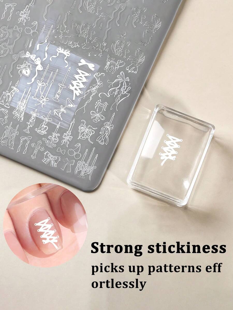 Square Transparent Silicone Nail Stamp Set, High Transparency, Alcohol-Wipeable, Suitable For Large Steel Plates. Includes A Rectangular Gel Nail Stamp, A Scraper, And A Replacement Silicone Stamp Head. - Clear - View 1