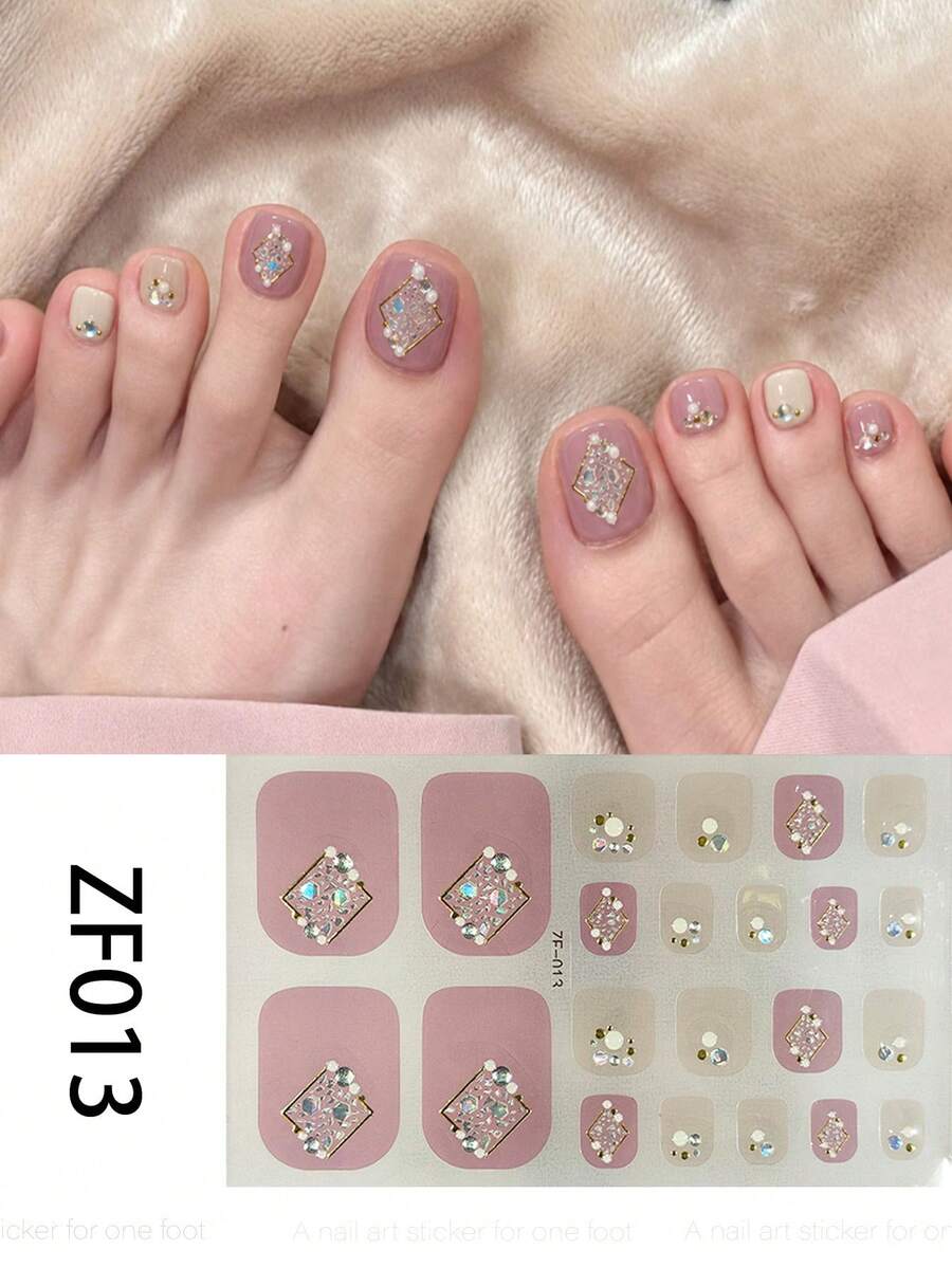 1 Sheet Of Full-Coverage Toenail Stickers-A Summer Must-Have-Featuring A Design In Light Pink And Light Brown, Accented With Diamond-Shaped Patterns. These Stickers Are Perfect For Women And Girls, And Are Easy To Apply And Remove.