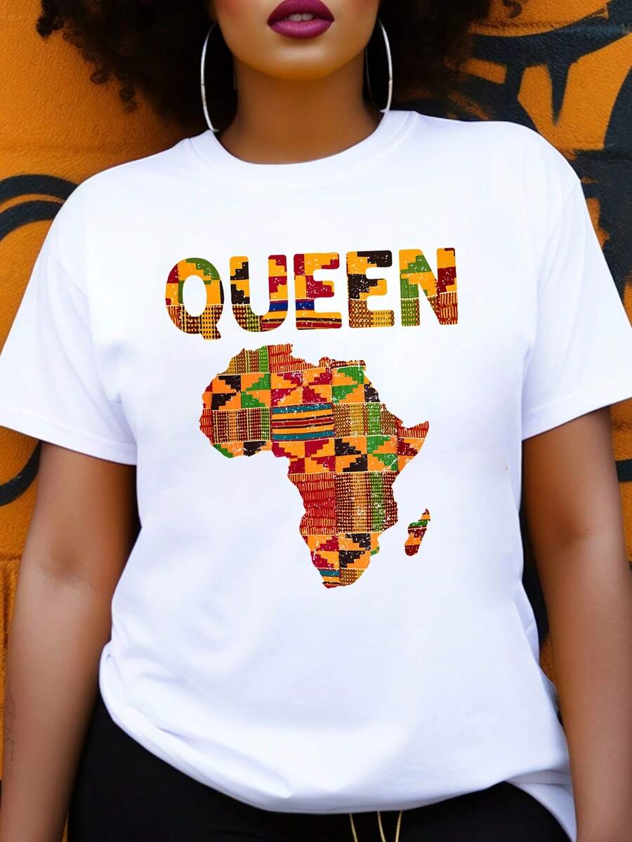 Women's T-Shirt With Kente African Queen Graphic Print - Bold "QUEEN" Letter Print With Vibrant Map Of Africa Design, Short Sleeve, Crew Neck, Casual Style - 白色 - 查看 1