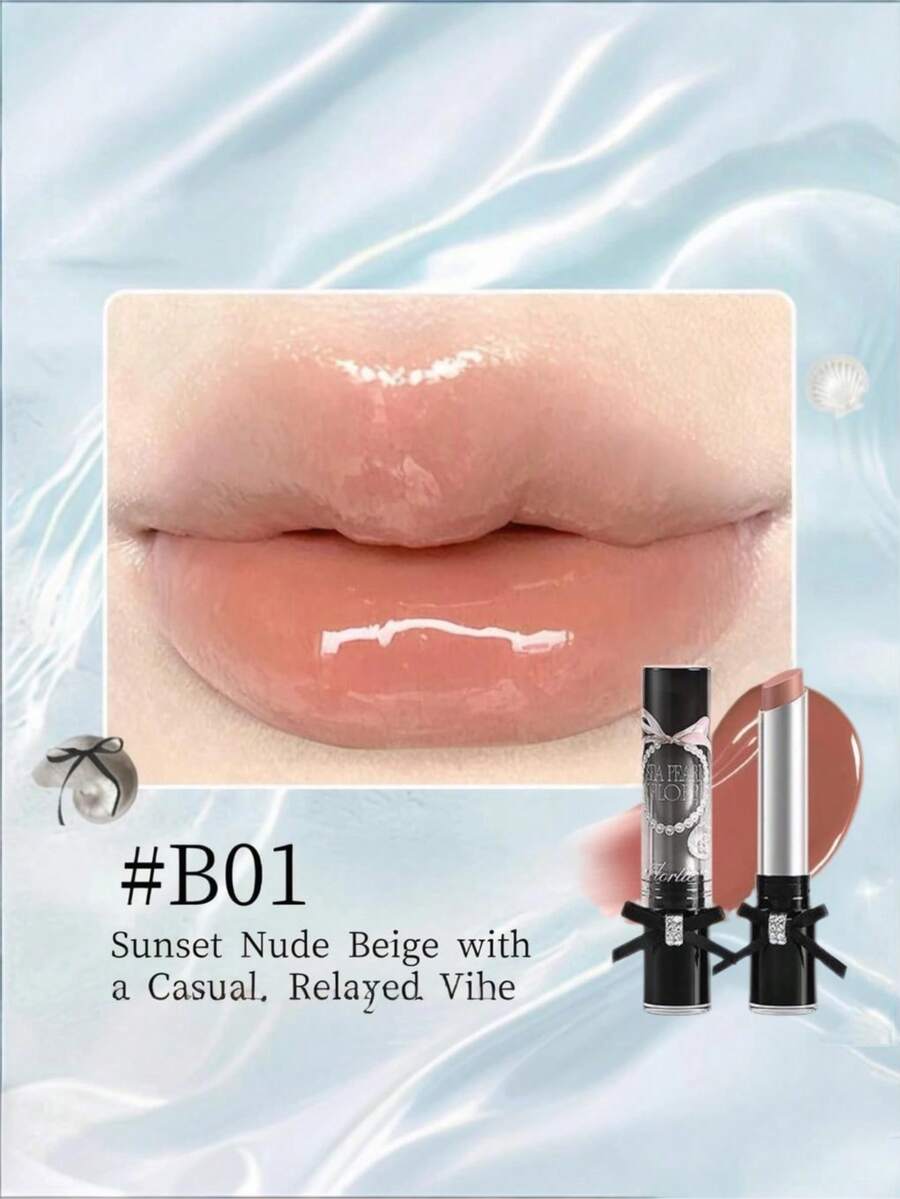 FLORTTE Lip Gloss Padat Seri Glass Sea 2.7g Lipstik Cermin Transparan untuk Melapisi Lipstik Nude Glass - B01# Liburan Pantai - View 1
