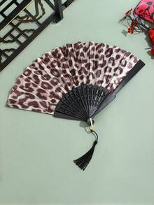 1pc Vintage Leopard Print Folding Hand Fan, Fabric Retro Style Decorative Fan With Black Tassel, Suitable For Women Girls Summer Gothic Y2K Rave Party Music Festival Dance Prop Cosplay Vacation Beach Daily Outfit Accessory - Multicolor - View 4