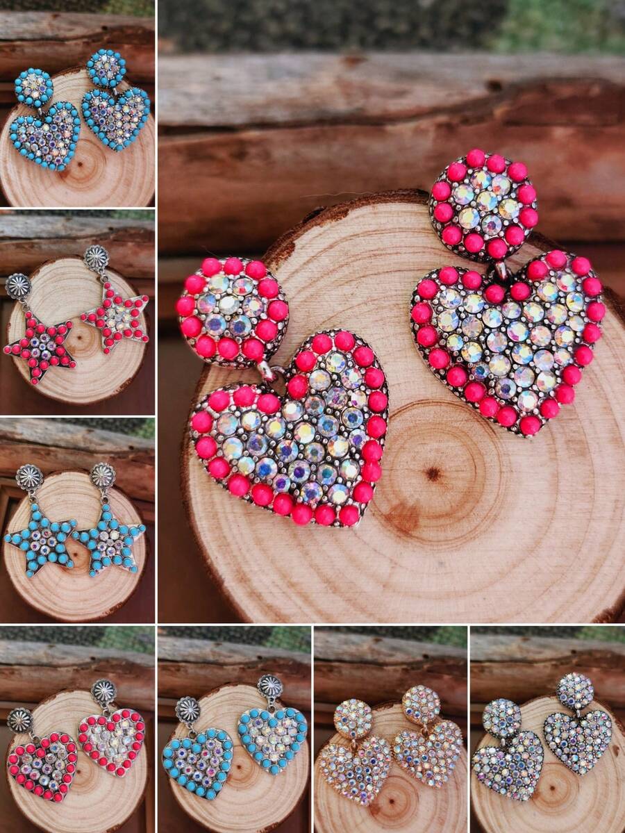 1 Pair American Western Style Rhinestone Heart & Star Earrings, Distressed Silver Vintage Stud Earrings, Niche Personalized Ear Jewelry