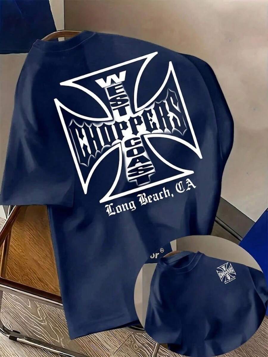 Men'S West Coast Choppers Letter Print T-Shirt | Casual Fashionable Crew Neck Short Sleeve, Breathable, Summer Season Graphic Tee Mens Clothes - 寶藍色 - 查看 1