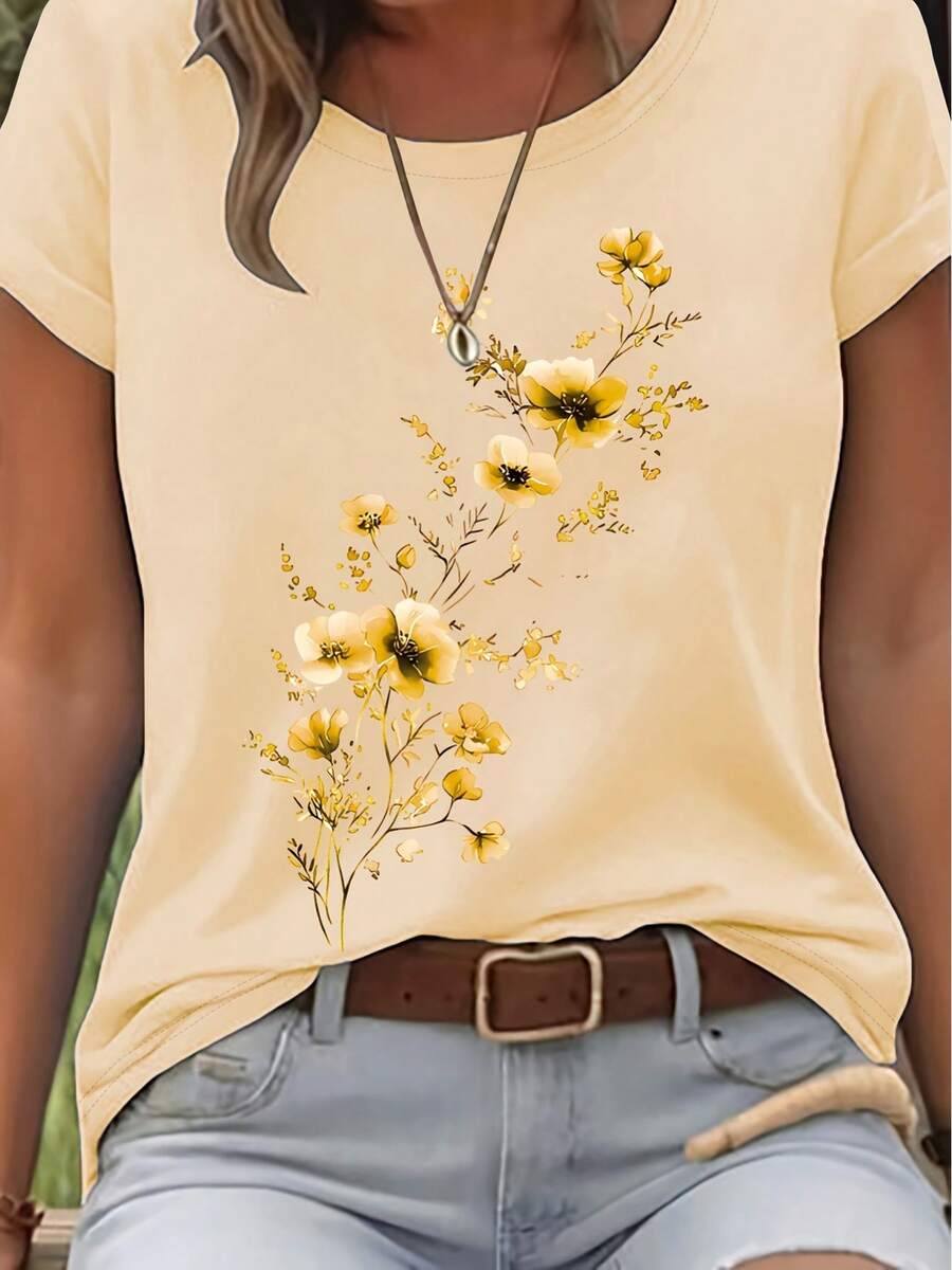 Elegant Watercolor Floral Print T-Shirt + Short Sleeves + Round Neck + Casual Spring And Summer Clothing For Women - 杏色 - 查看 1