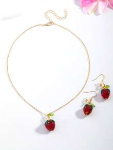 Set Kalung dan Anting Liontin Bunga Stroberi 3pcs/Set, Hadiah Liburan untuk Teman dan Sahabat Terbaik - Gaya 14 - View 2
