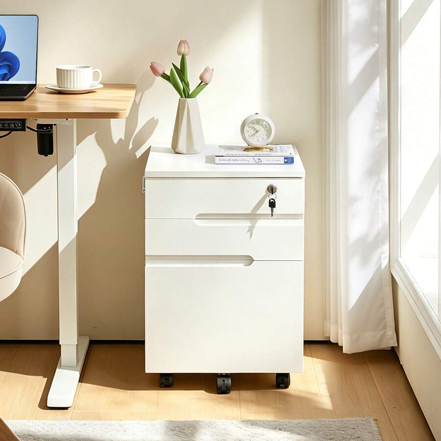 CLIPOP Mobile Filing Cabinet 3 Drawers With Lock And Wheels, Under Desk Lockable File Cabinet With Suspension File Hanging Rails For A4/Letter/Legal, Anti-Tilt Office Unit - White - View 1