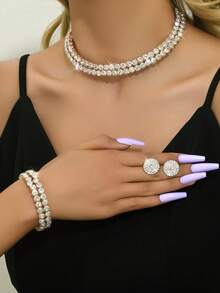4pcs/Set Double Row Design Bridal Women's Fashion Sparkling Crystal Necklace Set, Sexy Jewelry Set Suitable For Wedding, Birthday Gift, Party - Silver - View 4