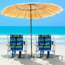 Folding Beach Chair Set Of 2 Adults, 4 Position Portable Backpack Foldable Camping Chair With Headrest Cup Holder And Wooden Armrests, Blue & Green Stripes - 1 - View 11