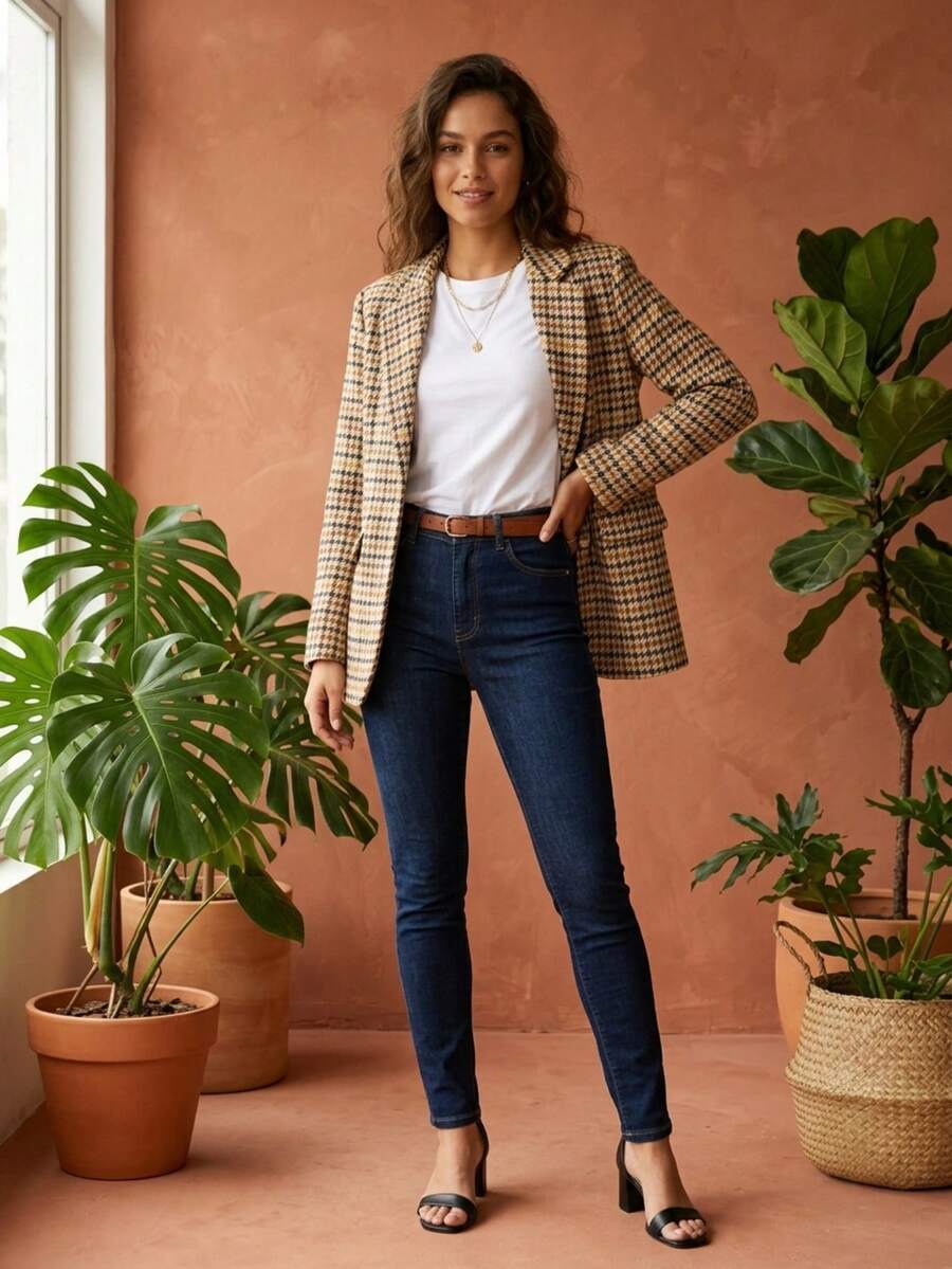 Women's Checkered Tweed Blazer, Casual Elegant Checkered Pattern With Buttons On The Front. - 棕色 - 查看 1
