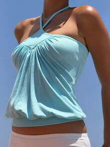 Kliou Elegant Basic Hottie Backless Tank Top Women Sexy Halter Bandages Ruched Patchwork Sleeveless Fashion Simple Party Street Clubwear Vest - Blue - View 1