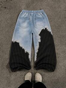 Fractyr Men's Frayed Denim Striped Patchwork Wide Leg Pants, Elastic Waist Gothic Pendant Print Casual Street Style Long Pants - Black - View 7
