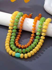 1 pieza/3 piezas Collar de cuentas de resina de estilo bohemio de 3 capas apiladas con color de contraste, cuentas redondas asimétricas naranja verde amarillo, cadena exagerada para la clavícula, collar tipo choker con vibra de vacaciones en la playa, accesorio para mujer - collar de cuentas - Ver 3