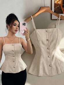 abyoxi Damen-Camisole in Apricot mit Spaghettiträgern, einreihiger Knopfleiste, geraffter Taille und Rüschensaum, lässig, minimalistisch, für Büro, Pendeln und Alltag im Sommer - Aprikosenfarben - Übersicht 5