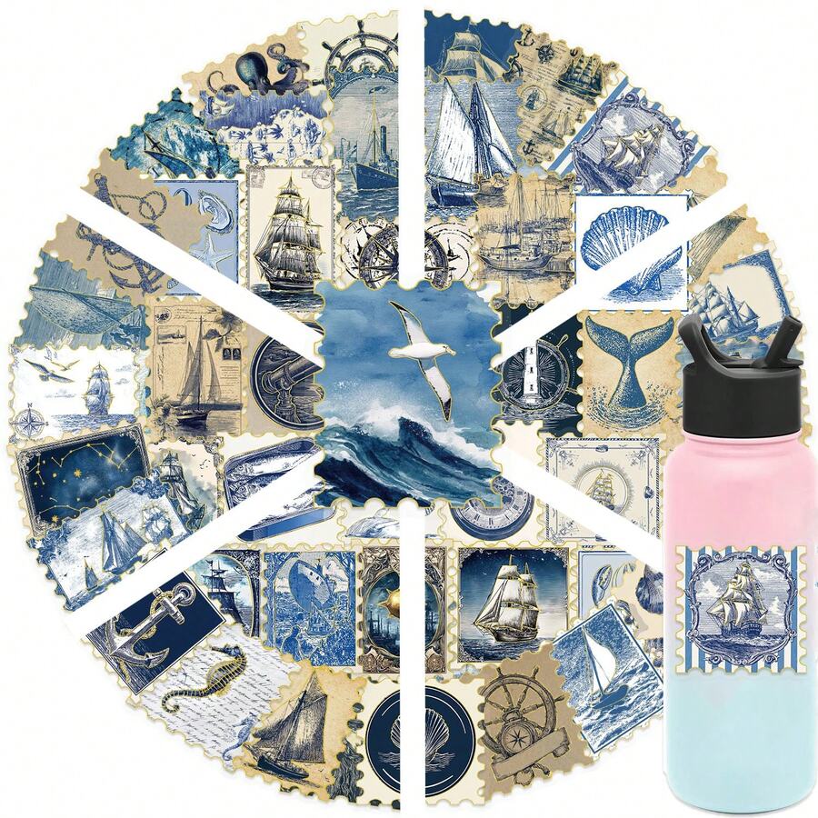 SCXXBSW 50pcs Retro Blue Nautical Stamp Gold Foil Stickers, Cool Anime Decorative Stickers, Classic Gift Decorations, Value Pack, Cute Cartoon Stickers, Waterproof And Durable, Phone Case Decoration Stickers, Can Be Applied To Laptops.