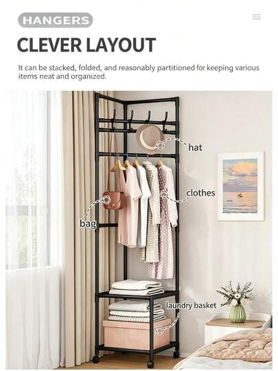 Negro clásico: ¡la solución definitiva para el almacenamiento en la esquina del dormitorio! Perchero de suelo de varios niveles para guardar ropa, bolsos y sombreros en un solo lugar.
