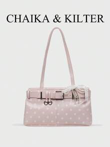CHAIKA & KILTER 1件裝純色PU面料女款時尚肩背包腋下包HOBO包 全身波點圖案肩帶裝飾 拉鍊開合 雙手把設計 適合日常購物（附吊飾） - 粉色 - 查看 4