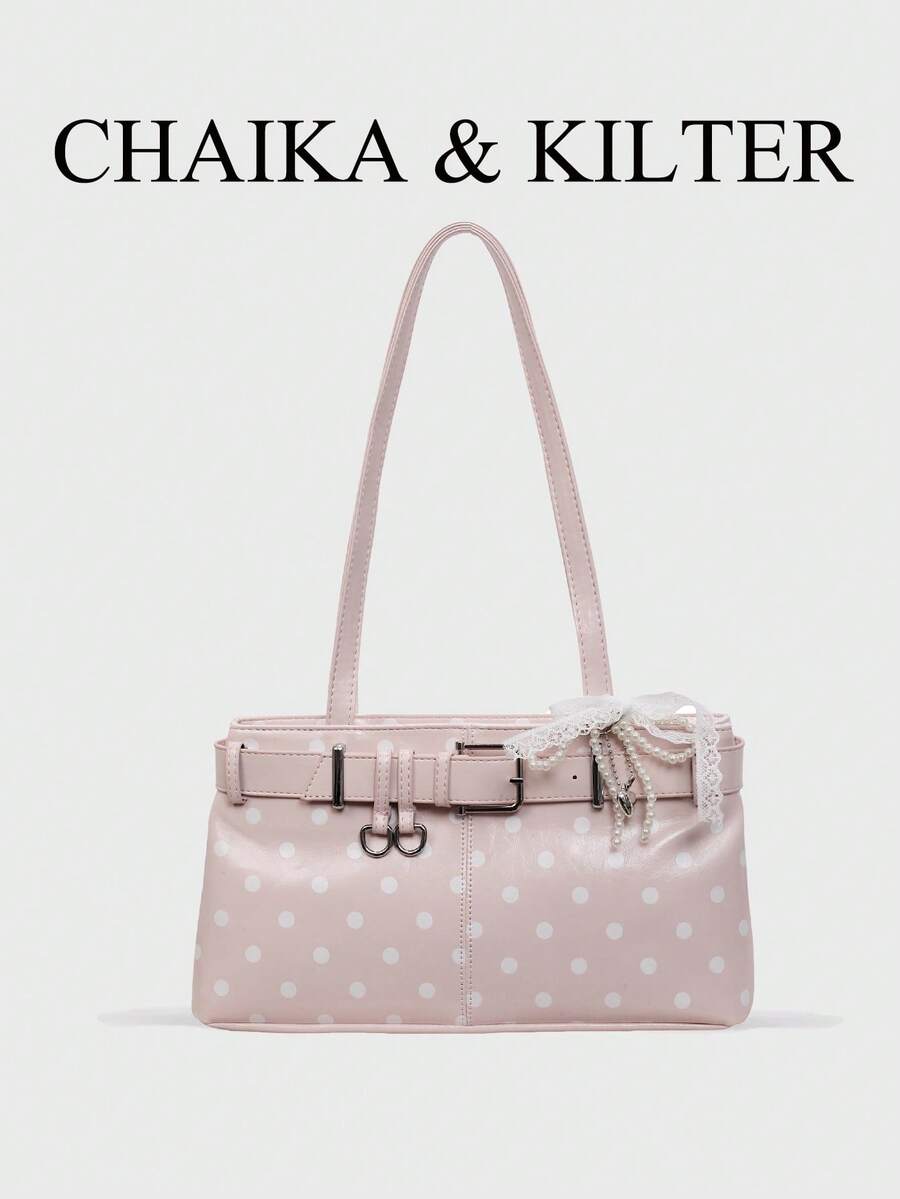 CHAIKA & KILTER 1pc Solid Color PU Fabric Women's Fashion Shoulder Bag Underarm Bag HOBO Bag With All-Over Polka Dot Pattern Strap Decor Zipper Closure Dual Handle Design Suitable For Daily Shopping (Sold With Pendant)