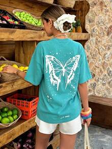 Comfortable Cotton Short Sleeve T-Shirt For Women, Casual Green Butterfly Print Round Neck Top, Medium Stretch,Outdoor,Y2K,Streetwear,Cotton Tops - Light Lake Green - View 2