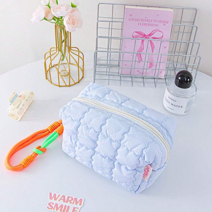 Quilted Toiletry Bag In Macaron Tones, With Woven Handle. Foldable, Spacious, Durable Polyester. - 藍色 - 查看 1