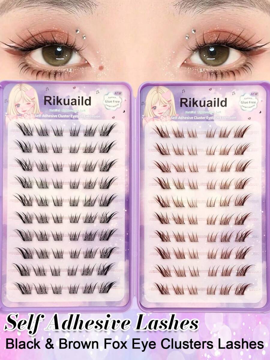 Rikuaild 120pcs Black And Brown Self-Adhesive False Eyelashes Book ,Fox Eye Styles Pre Glued Lashes Mixed 2 Colors Soft Lightweight Lashes Travel Essentials Suitable For Beginners - C - View 1