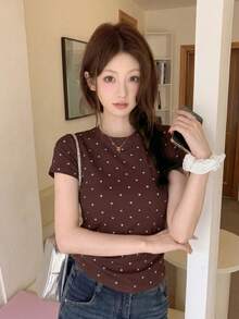 女款韓式圓領修身休閒短袖波點T恤，夏季度假棕色 - 棕色 - 查看 7