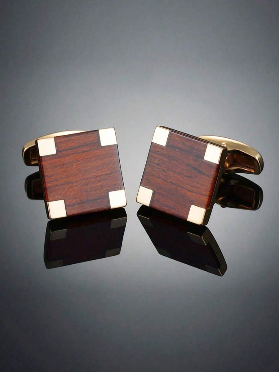 1 Pair Men's Fashion Faux Wood Grain Copper Cufflinks For Wedding, Business, Banquet And Daily Wear - Rose Gold - View 1