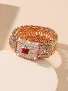 1 pieza Brazalete cuadrado con strass completo, apertura de resorte, regalo de fiesta, boda, joyería decorativa de moda - Plata + Rojo 2 piezas - Ver 3