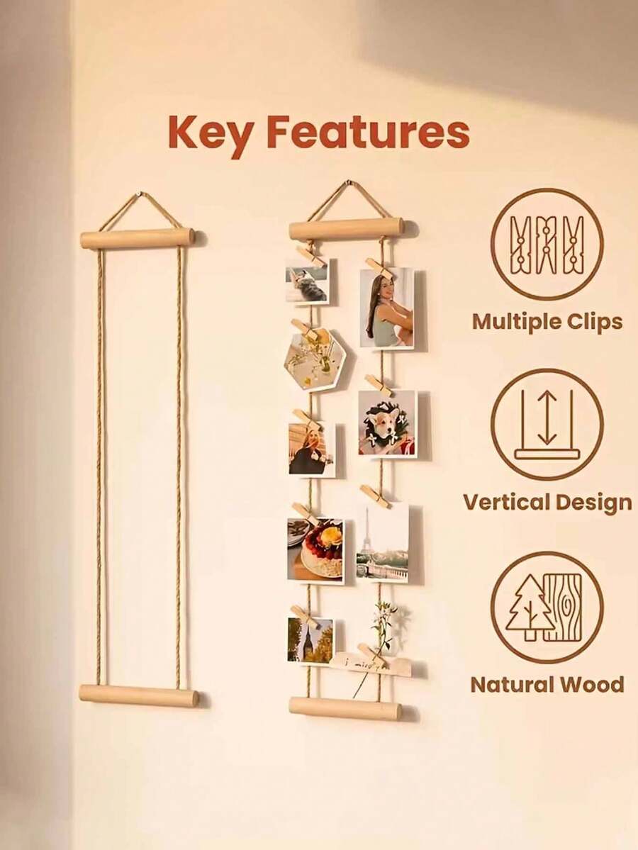 This Set Includes A Wooden Photo Hanging Rope With Wooden Clips And A Multi-Photo Display Rack, No Drilling Required, Space-Saving, Suitable For Dorm, Bedroom, Desk And Wall Decoration, A Home Decor And Decorative Hanging Item. - Multicolor - View 1