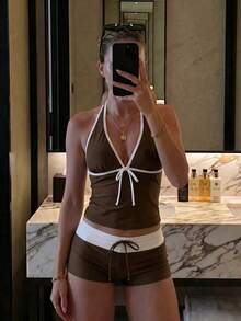 New Summer Fresh Sweet Cute Style Brown & White Colorblock Polka Dot Halter Neck Bikini Set With Shorts For Beach Vacation Casual - Multicolor - View 1