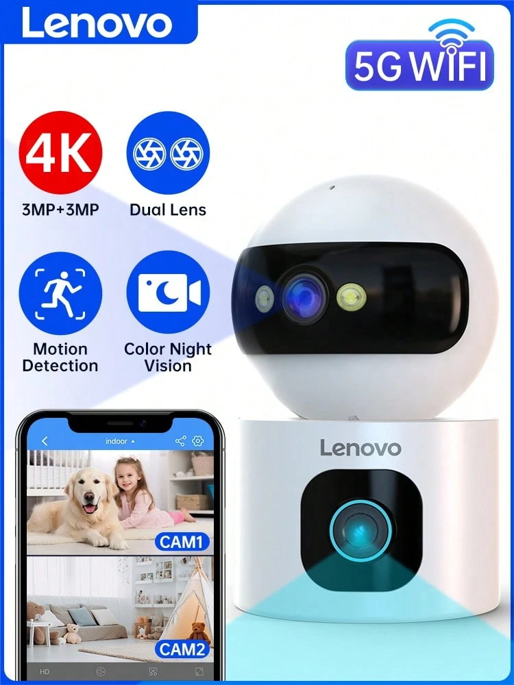 Lenovo XW1Dual Lens IP Camera, WiFi Smart Home Security Camera, 355° Pan/Tilt Auto Tracking, Human/Baby Monitor With Two-Way Audio