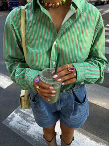 Women's New Autumn Green Striped Long Sleeve Shirt - Green - View 1