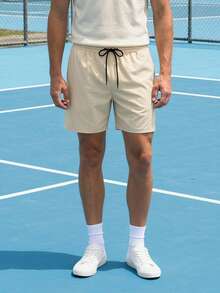 Courvante Herren Khaki Kordelzug Taille Lässig Shorts, gewebte Tennis Sport mit Reißverschluss Taschen, Seitenschlitz Sommer Golf Strand - Khaki - Übersicht 1
