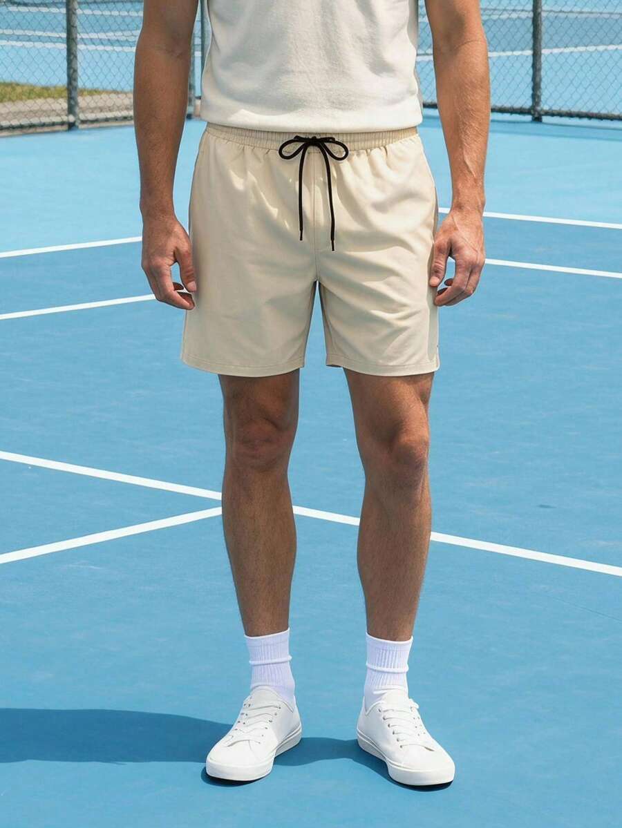Courvante Herren Khaki Kordelzug Taille Lässig Shorts, gewebte Tennis Sport mit Reißverschluss Taschen, Seitenschlitz Sommer Golf Strand - Khaki - Übersicht 1