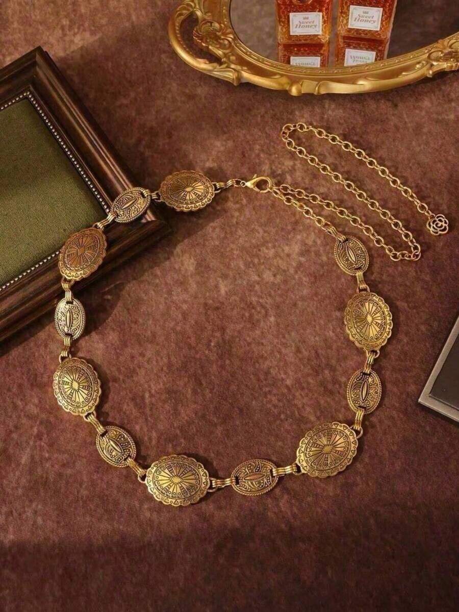 1件橢圓雕花金屬腰鍊,古銀色與古金色高階收腰鏈條腰帶,適合辣妹洋裝裝飾 - 金色 - 查看 1