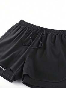 PLUS SIZE 2in1 Gym Shorts For Men, Breathable Quick-Dry Printed Sports Shorts For Workout, Suitable For Spring/Summer Outdoor Running And Fitness - Black - View 4