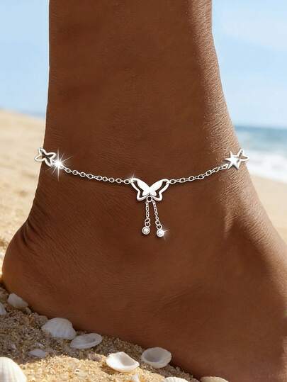 1 pieza Tobillera bohemia hueca con mariposa, estrella, strass y borla para mujer, joyería de verano para playa, viaje, uso diario y fiesta, regalo de cumpleaños/Navidad/aniversario